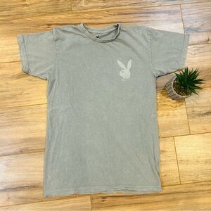 Playboy Bunny T-Shirt Medium Light Gray Acid Wash Pink Accents Authentic